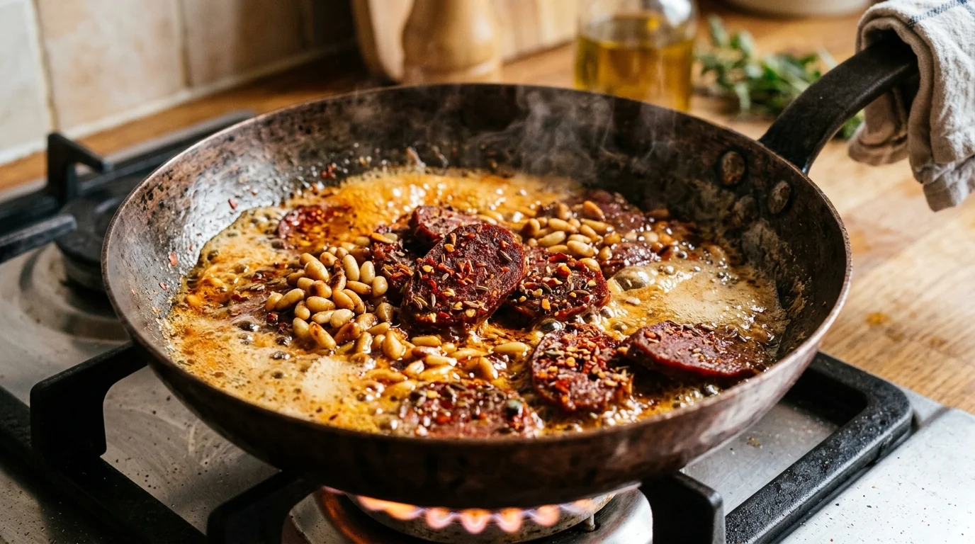 Bakır Tavada Köpüren Tereyağında Pastırma ve Çam Fıstığı