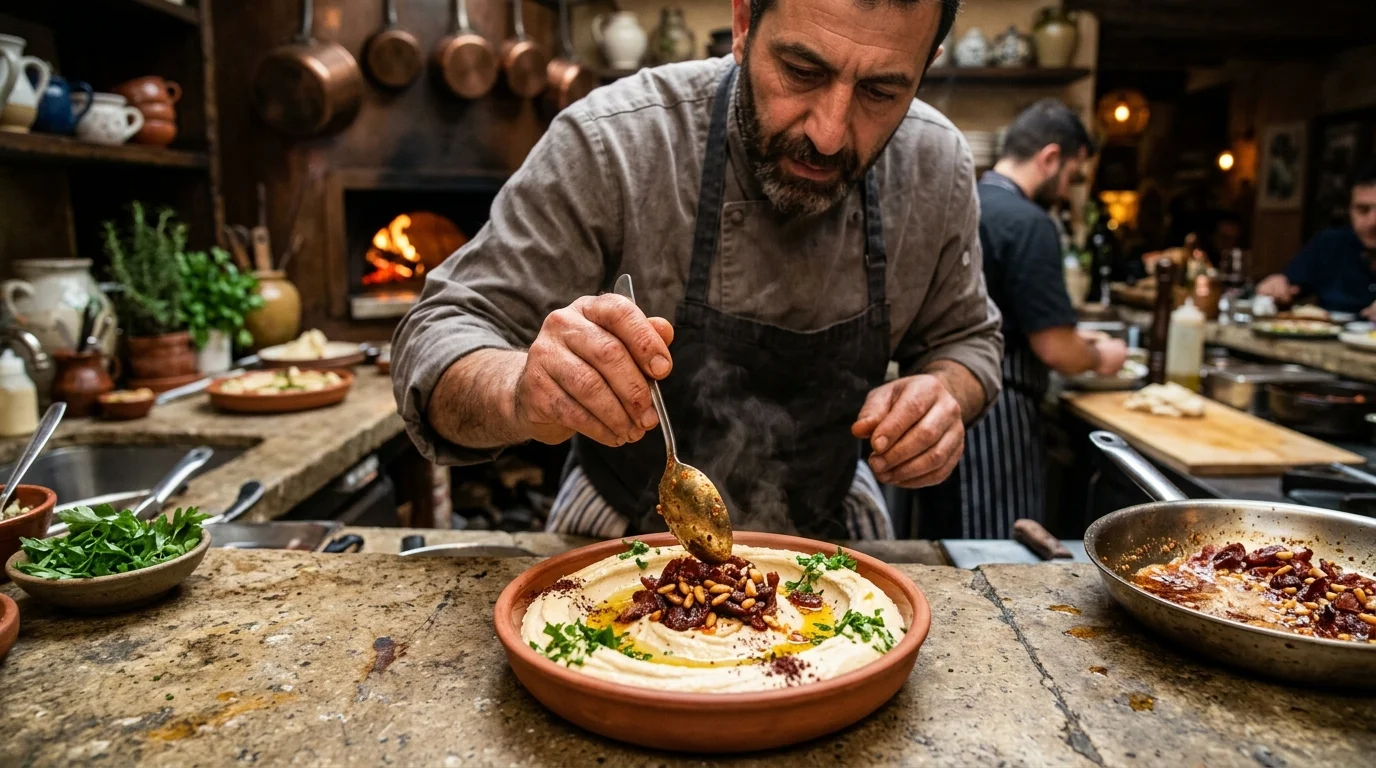 Ustanın Güveçteki Sıcak Humus Üzerine Tereyağlı Harcı Döküşü