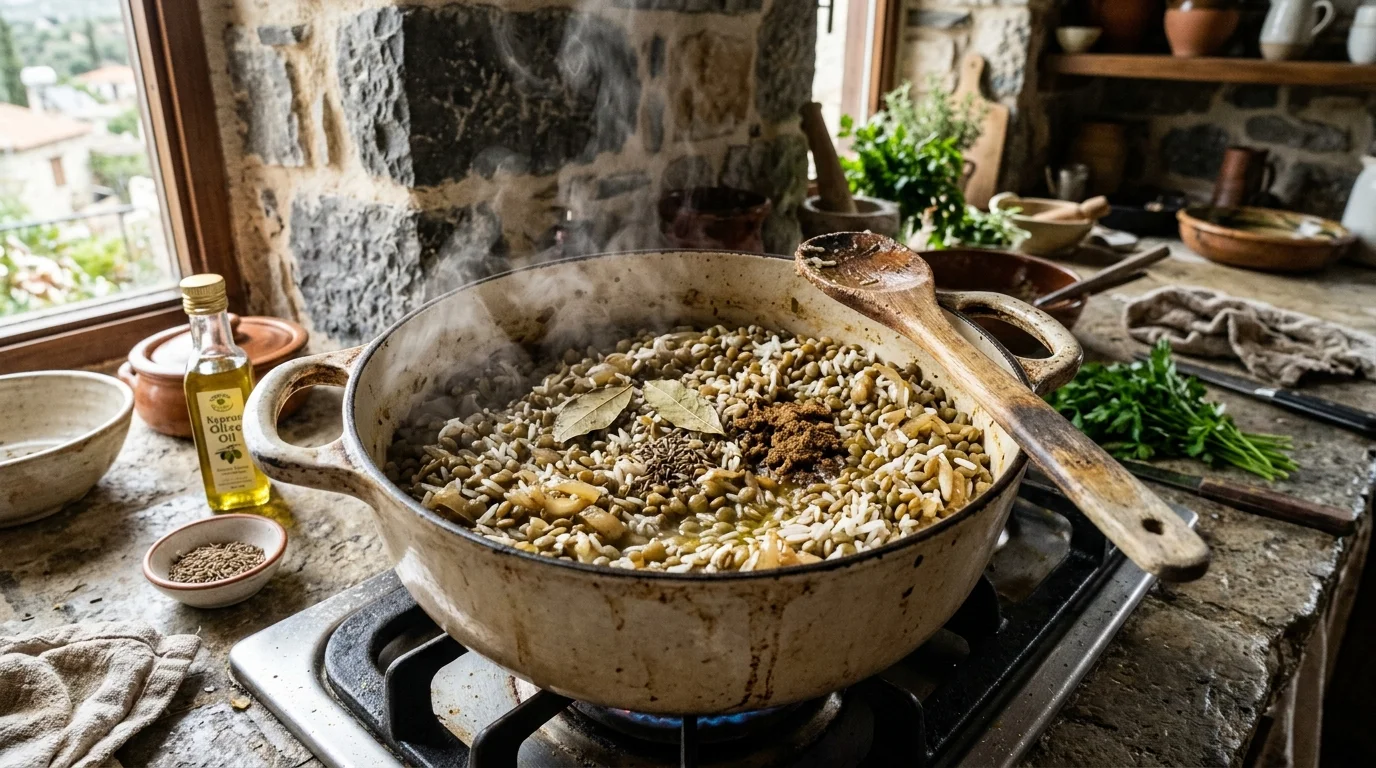 Tencerede Yeşil Mercimek ve Pirincin Aromatik Bulyonda Pişmesi