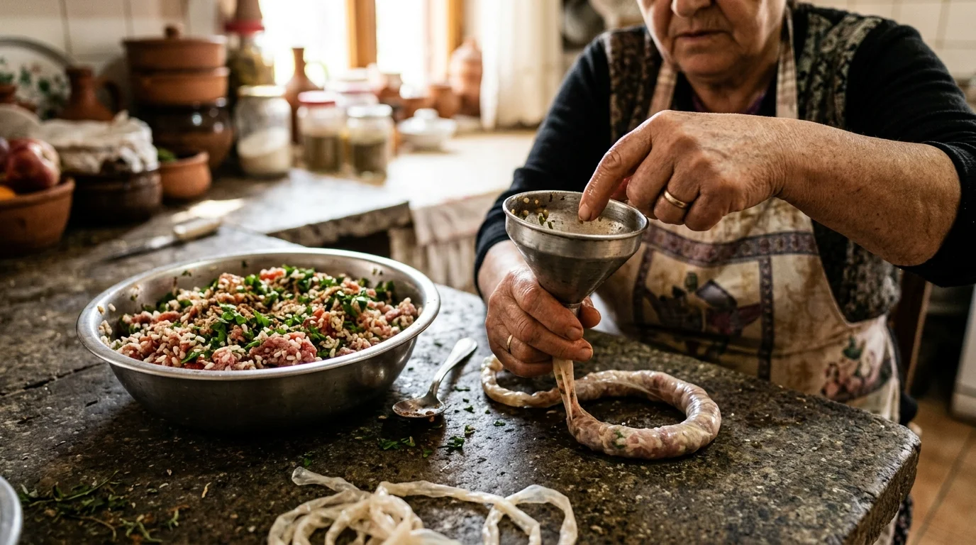 Mutfak Tezgahında Huniyle Bağırsak Doldurma Aşaması