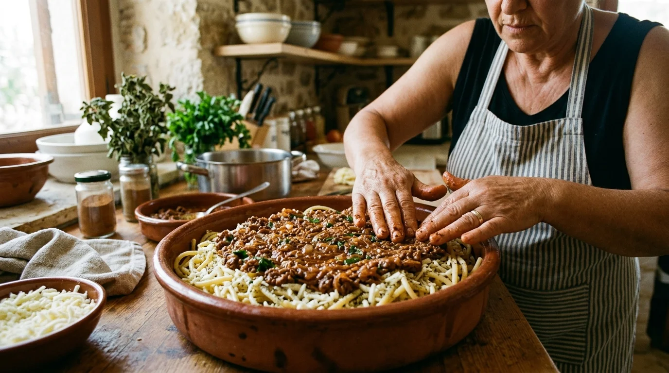 Makarna Katmanı ve Tarçınlı Kıymalı Harcın Dizilişi