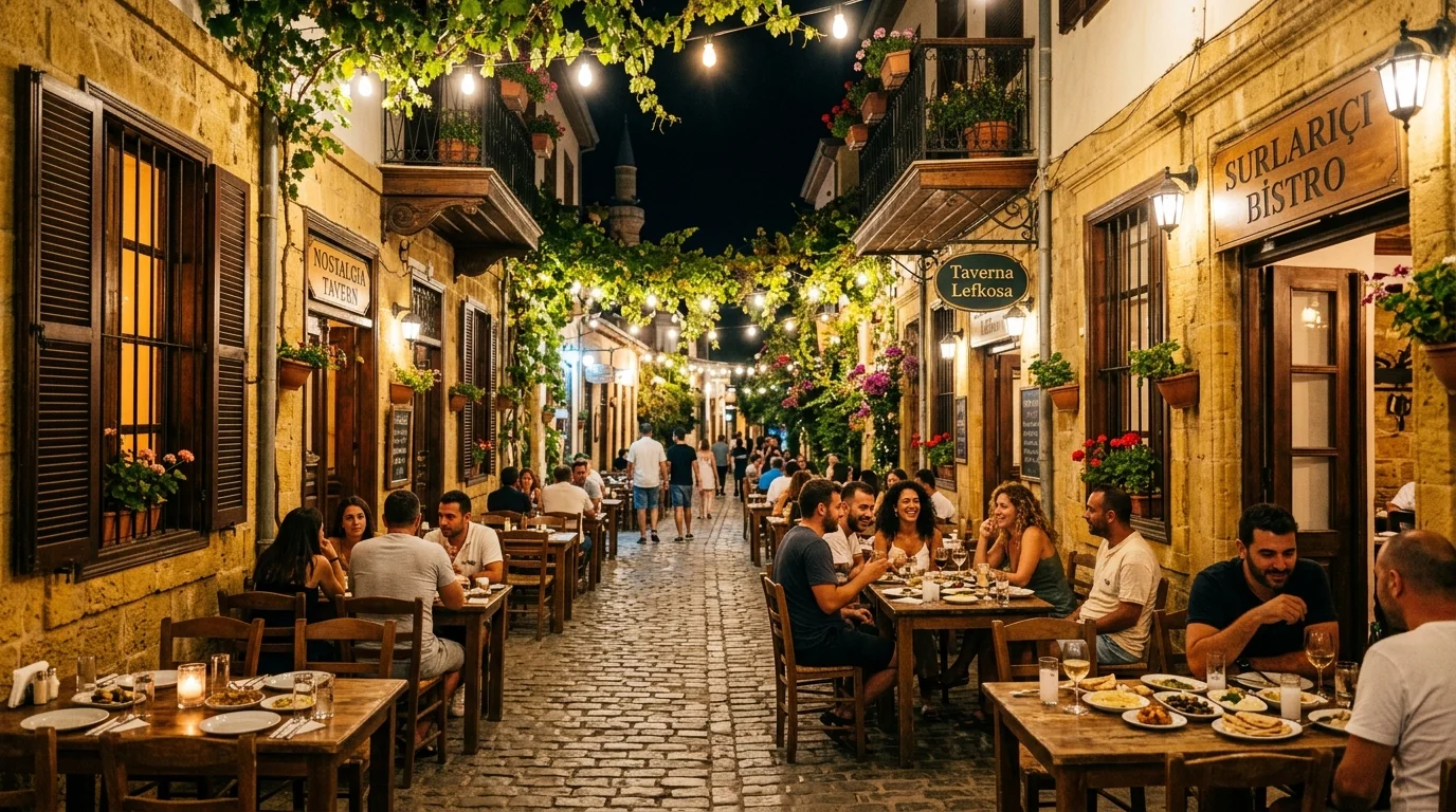 Lefkoşa Surlariçi Tarihi Sokak Meyhanesi Gece Manzarası